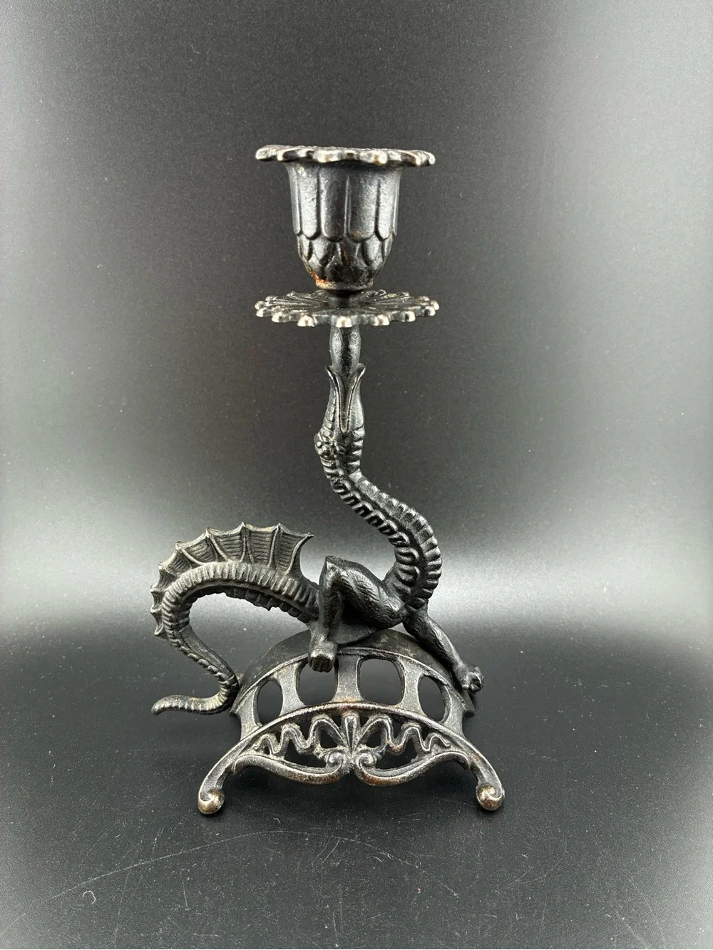 Vintage cast iron Dragon Candle Holder - Black